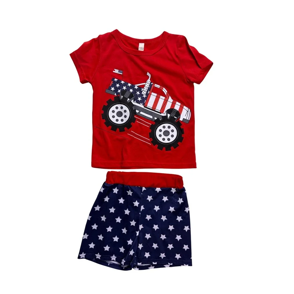 Boutique Monster Truck Shorts Set Kids 3T Red Stars Stripes Patriotic Outfit